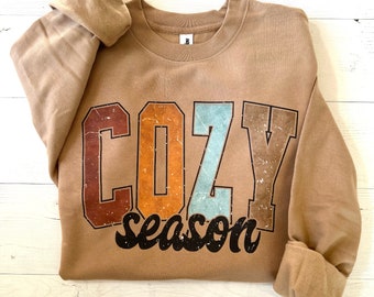 May include: A brown sweatshirt with the text "COZY season" in colorful, vintage-style lettering.