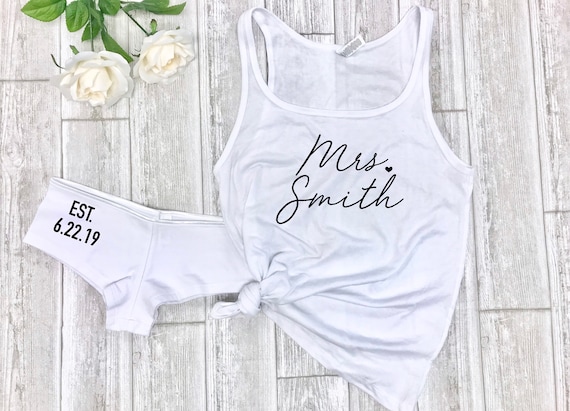 honeymoon outfit, custom bride underwear, bachelorette gift, future mrs tank, wedding gift, bridal shower gift set, custom bride sleep set