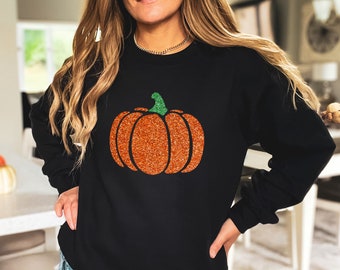 Sudadera de Halloween para mujer, camiseta de calabaza con purpurina, camiseta de otoño, camiseta de Halloween, camiseta de Halloween para mujer, camiseta de otoño para mujer