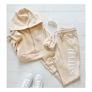 Embossed Matching Set For Bride, Bridal Gift Set, Mrs. Zip Sweatshirt, New Mrs. Set, Mrs. Quarter Zip, Bride Joggers, Honeymoon Outfit