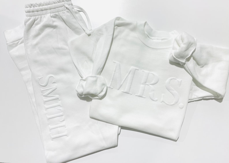 Embossed Bridal Gift Set, Mrs. Sweatshirt, New Mrs. Set, Mrs. Sweatshirt, Bride Sweatpants, New Mrs, Honeymoon Outfit, New Mrs. Joggers image 2