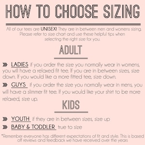 May include: A pink and white graphic with the text "HOW TO CHOOSE SIZING" in black. The graphic provides sizing information for unisex tees, including tips for ladies, guys, youth, and babies and toddlers.