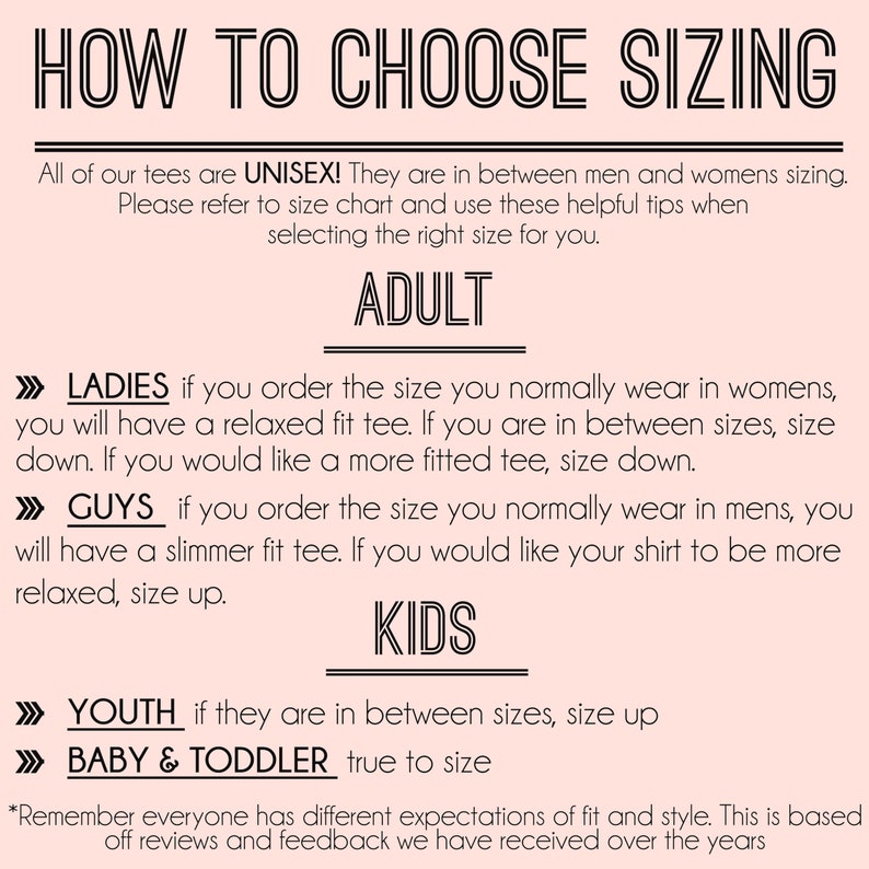 May include: A pink and white graphic with the text "HOW TO CHOOSE SIZING" in black. The graphic provides sizing information for unisex tees, including tips for ladies, guys, youth, and babies and toddlers.