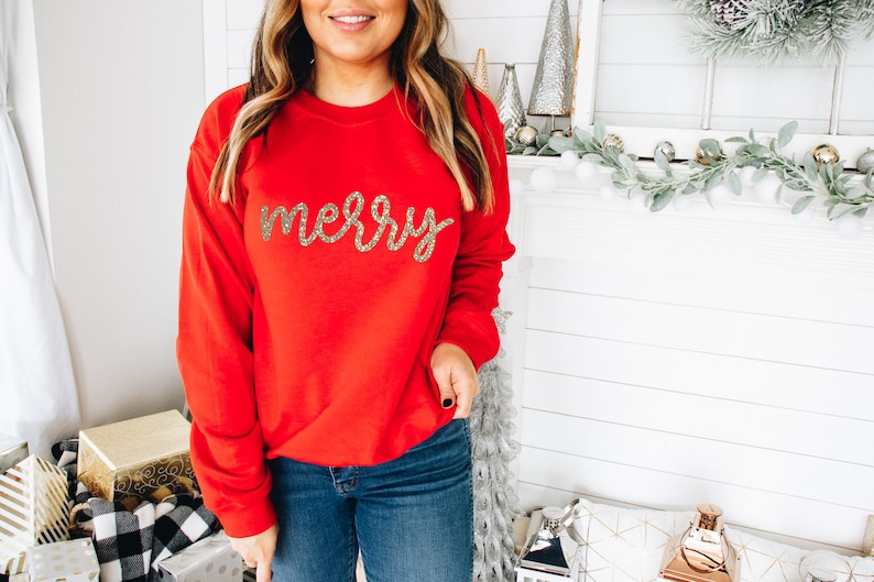 Merry Shirt Christmas Glitter Shirt Womens Christmas Shirt Etsy