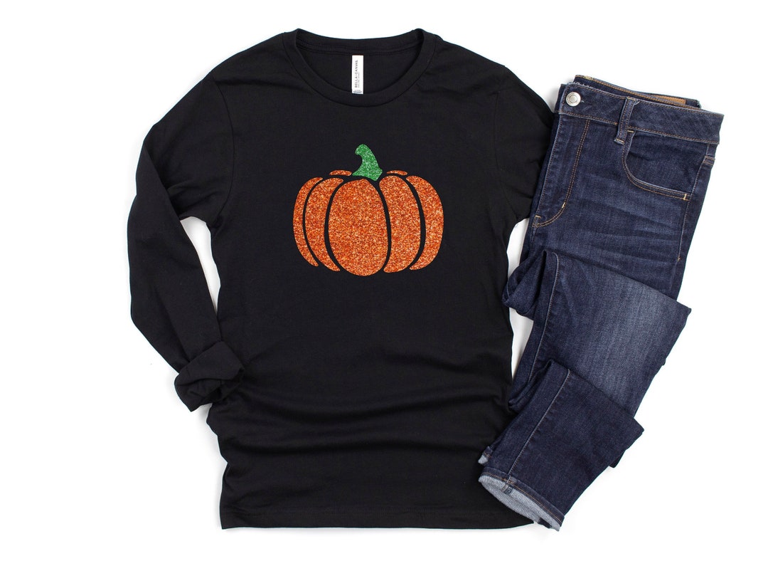Women's Halloween Long Sleeve Shirt, Glitter Pumpkin Tee, Fall Shirt