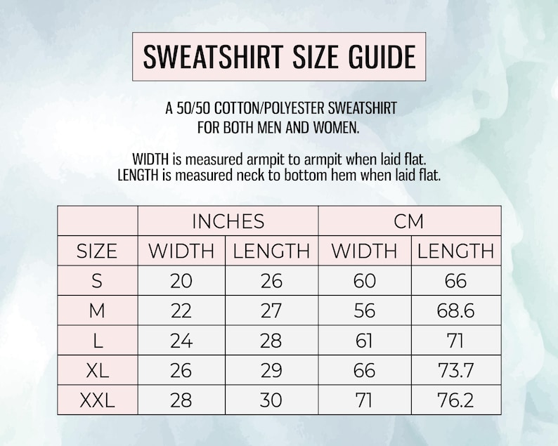 Op de afbeelding: Een maattabel voor sweatshirts met zwarte tekst op een lichte achtergrond. De tabel toont de maten S tot en met XXL met bijbehorende breedte- en lengtematen in inches en centimeters voor een kledingstuk van 50/50 katoen/polyester.