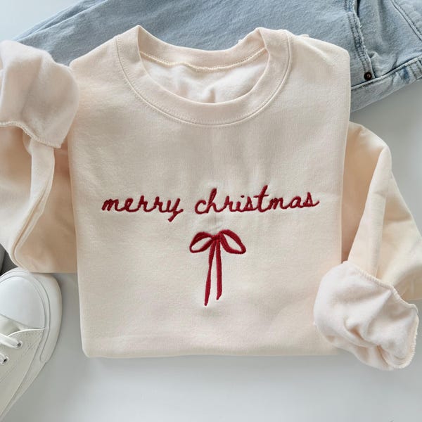 Embroidered Christmas Sweatshirt: Merry Christmas Bow Design