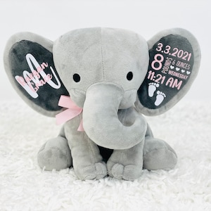 personalized elephant, stuffed animal gift, baby shower gift, newborn gift, new baby gift, birth announcement, baby gift, welcome home baby image 6