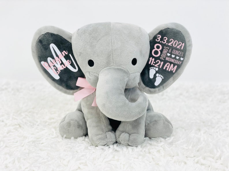 personalized elephant, stuffed animal gift, baby shower gift, newborn gift, new baby gift, birth announcement, baby gift, welcome home baby image 6