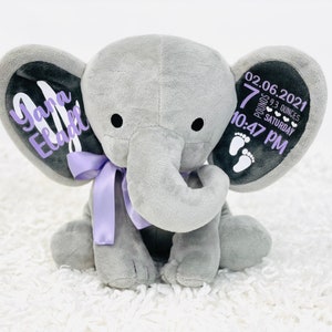 Peluche de elefante personalizado, regalo para baby shower y recién nacido, anuncio de nacimiento, bienvenida a casa. lilac