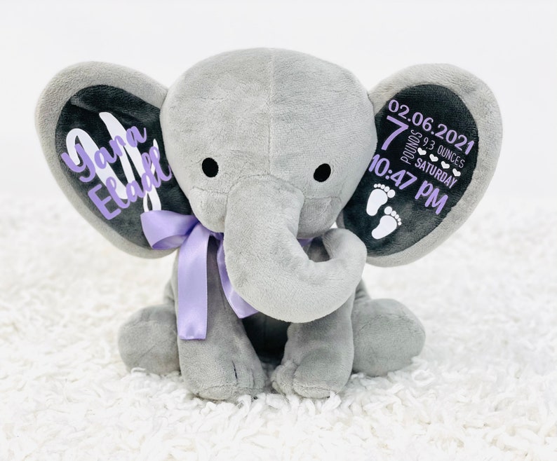 Peluche de elefante personalizado, regalo para baby shower y recién nacido, anuncio de nacimiento, bienvenida a casa. lilac