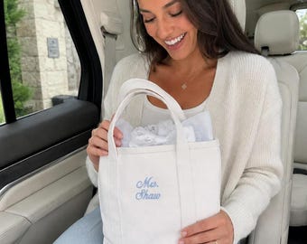 Mrs Tote Bag, White Embroidered Bridal Bag for Weddings and Honeymoons