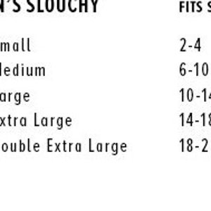 May include: Size chart for women's slouchy clothing. The chart shows sizes S, M, L, XL, and 2XL, with corresponding US women's sizes 2-4, 6-10, 10-14, 14-18, and 18-20.