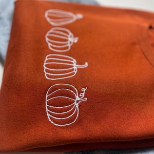 Puede incluir: Una sudadera de color &oacute;xido con un dise&ntilde;o bordado blanco de cuatro calabazas.
