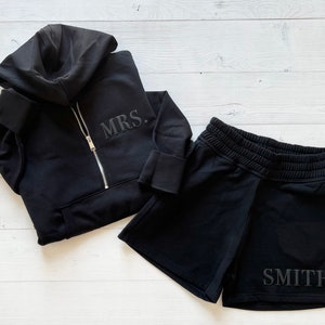 Embossed Matching Set For Bride, Bridal Gift Set, Mrs. Zip Sweatshirt, New Mrs. Set, Mrs. Quarter Zip, Bride Shorts, Honeymoon Outfit