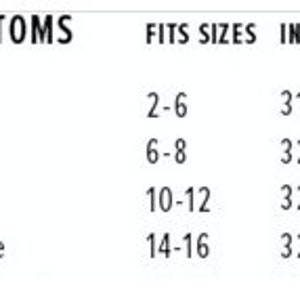 May include: A size chart for women's bottoms showing the corresponding US sizes, fits sizes, and inseam measurements in inches.