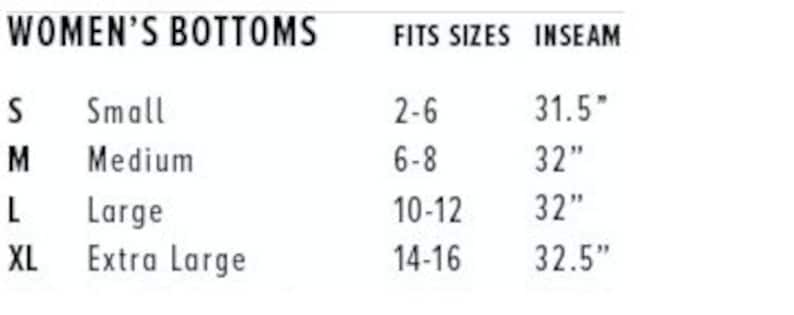 May include: A size chart for women's bottoms showing the corresponding US sizes, fits sizes, and inseam measurements in inches.