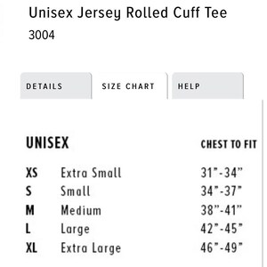 May include: Unisex size chart for a jersey rolled cuff tee. The chart shows sizes XS through XL with corresponding chest measurements in inches.