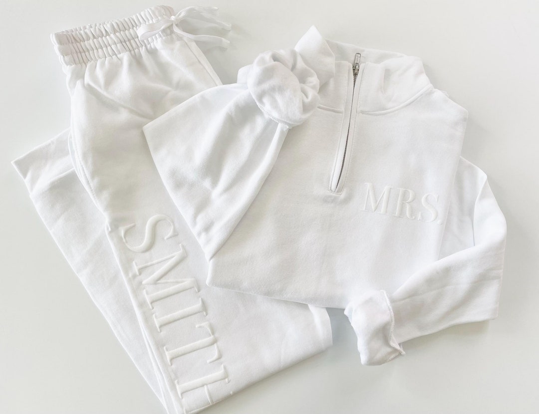 Bride Sweatsuit, Sweat Set, Honeymoon Outfit, White Wedding Day Loungewear, Sweatshirt Set - Quarter Zip&Joggers, Medium