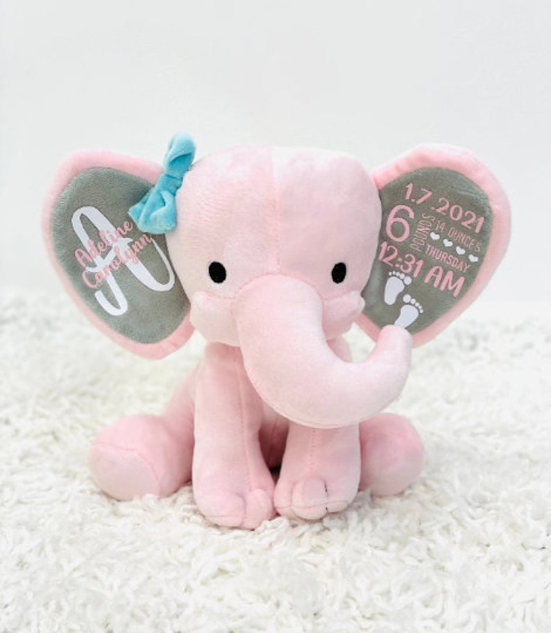 personalized elephant, stuffed animal gift, baby shower gift, newborn gift, new baby gift, birth announcement, baby gift, welcome home baby image 2
