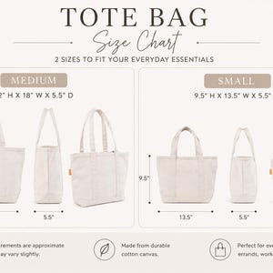 May include: A tote bag size chart displaying two sizes in off-white canvas. The medium bag measures 12 inches high, 18 inches wide, and 5.5 inches deep. The small bag measures 9.5 inches high, 13.5 inches wide, and 5.5 inches deep, with views.