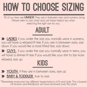 May include: A pink and white graphic with black text explaining how to choose the right size for unisex t-shirts. The text includes the words "Unisex", "Adult", "Kids", "Ladies", "Guys", "Youth", and "Baby & Toddler".