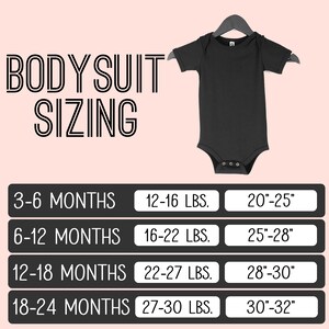 May include: A chart showing bodysuit sizing for babies in months, weight in pounds, and chest circumference in inches. The chart shows sizes for 3-6 months, 6-12 months, 12-18 months, and 18-24 months.