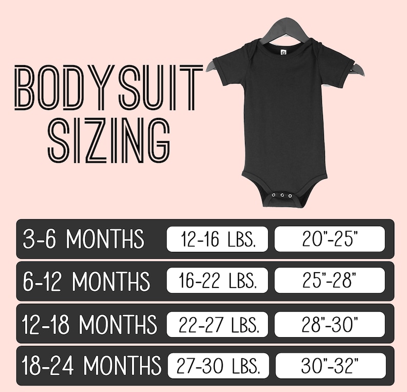 May include: A chart showing bodysuit sizing for babies in months, weight in pounds, and chest circumference in inches. The chart shows sizes for 3-6 months, 6-12 months, 12-18 months, and 18-24 months.