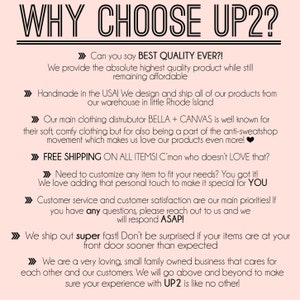 Peut inclure: Un graphique rose et blanc avec le texte "WHY CHOOSE UP2?" et une liste de raisons de choisir l'entreprise. Le texte comprend des phrases comme "meilleure qualit&eacute; jamais", "fabriqu&eacute; aux &Eacute;tats-Unis", "livraison gratuite", "super rapide" et "petite entreprise familiale".