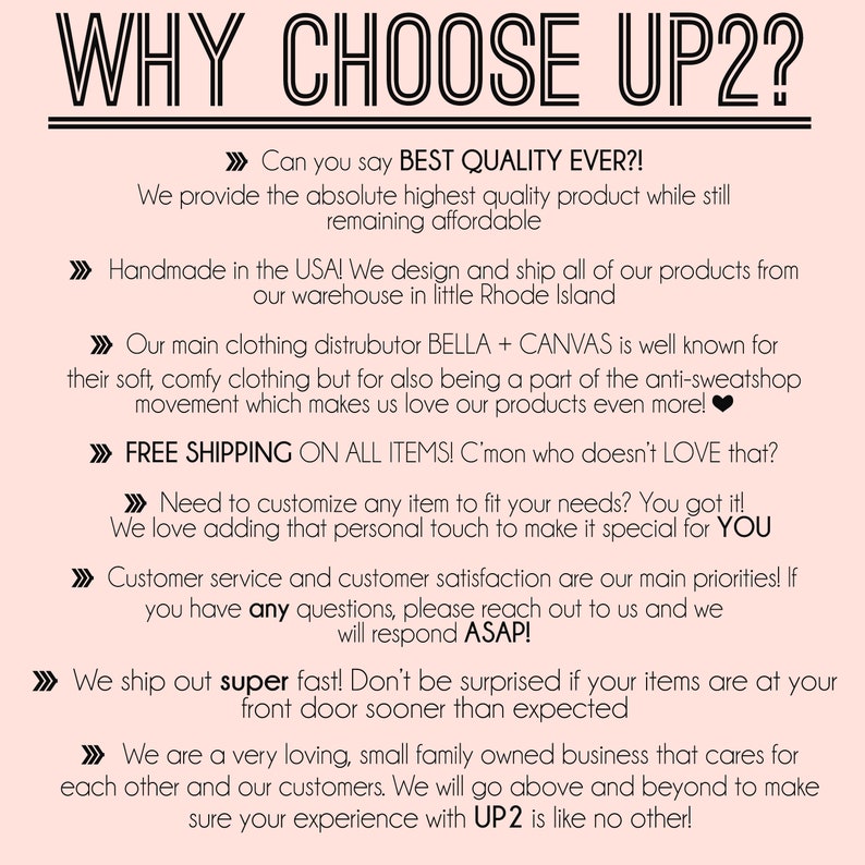 Peut inclure: Un graphique rose et blanc avec le texte "WHY CHOOSE UP2?" et une liste de raisons de choisir l'entreprise. Le texte comprend des phrases comme "meilleure qualit&eacute; jamais", "fabriqu&eacute; aux &Eacute;tats-Unis", "livraison gratuite", "super rapide" et "petite entreprise familiale".
