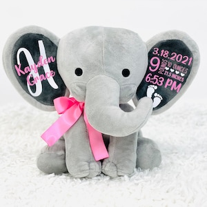 Peluche de elefante personalizado, regalo para baby shower y recién nacido, anuncio de nacimiento, bienvenida a casa. bubblegum pink