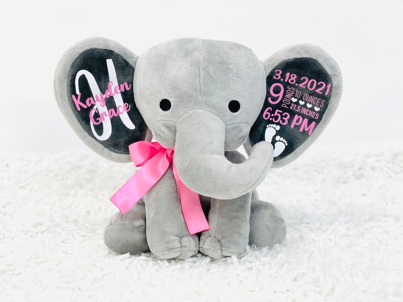 personalized elephant, stuffed animal gift, baby shower gift, newborn gift, new baby gift, birth announcement, baby gift, welcome home baby image 3