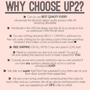 Pode incluir: Gr&aacute;fico rosa e branco com o texto "WHY CHOOSE UP2?" e uma lista de raz&otilde;es para escolher a empresa. O texto inclui frases como "melhor qualidade de todos os tempos", "feito nos EUA", "frete gr&aacute;tis", "super r&aacute;pido" e "pequena empresa familiar".