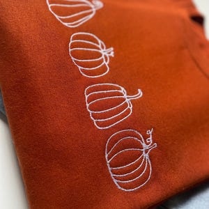 Puede incluir: Una sudadera de color &oacute;xido con un dise&ntilde;o bordado blanco de cuatro calabazas.