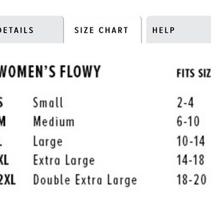 May include: Size chart for women's flowy clothing. The chart shows sizes S, M, L, XL, and 2XL, with corresponding US women's sizes 2-4, 6-10, 10-14, 14-18, and 18-20.