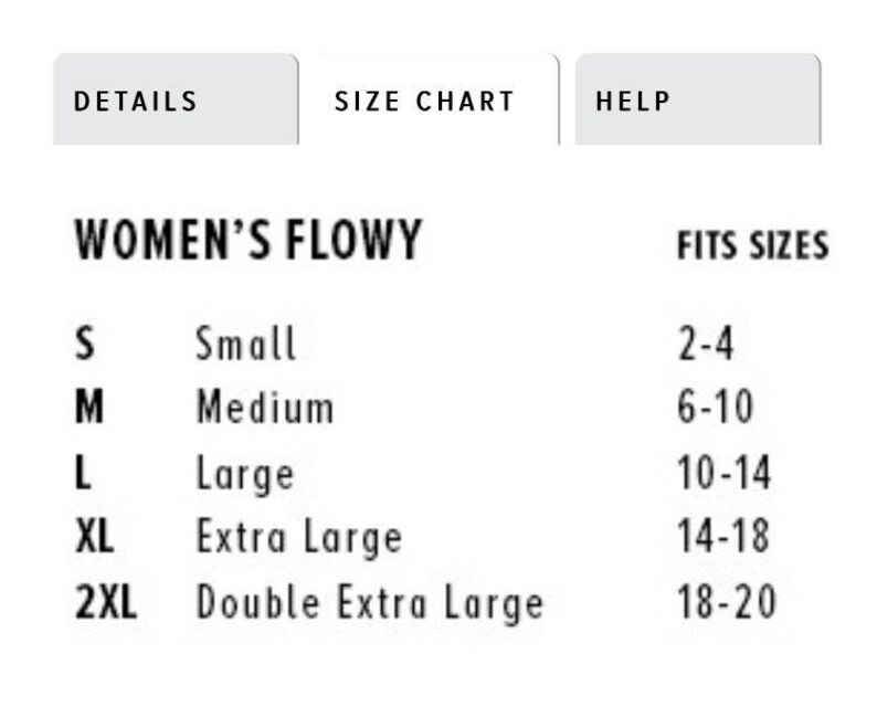 May include: Size chart for women's flowy clothing. The chart shows sizes S, M, L, XL, and 2XL, with corresponding US women's sizes 2-4, 6-10, 10-14, 14-18, and 18-20.