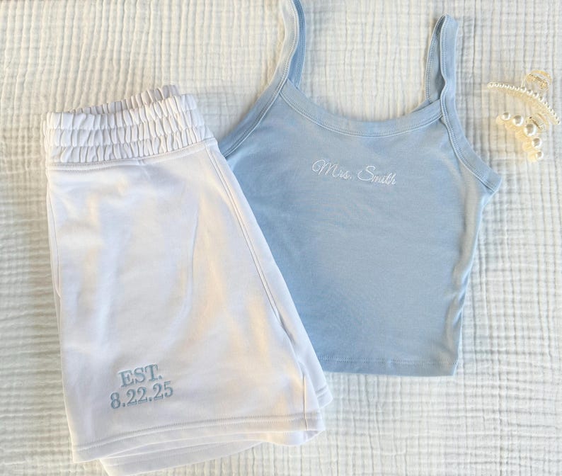 Mrs. Pajama Set, Mrs Tank & Joggers, Bridal Pjs, Bride Pajamas, Mrs. Set, Bridal Shower Outfit, Engagement Gift for Her, Embroidered