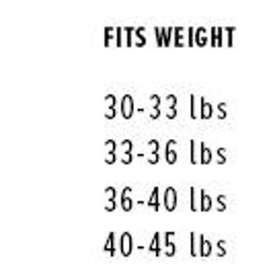 May include: Size chart for toddler clothing showing the corresponding weight and length for sizes 2T, 3T, 4T, and 5T.