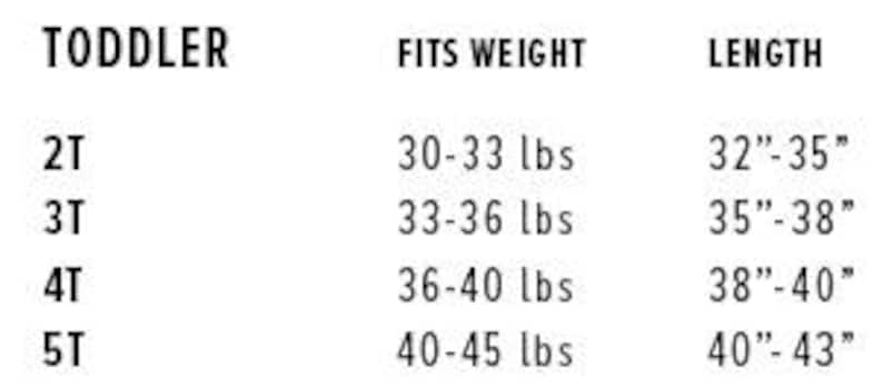 May include: Size chart for toddler clothing showing the corresponding weight and length for sizes 2T, 3T, 4T, and 5T.