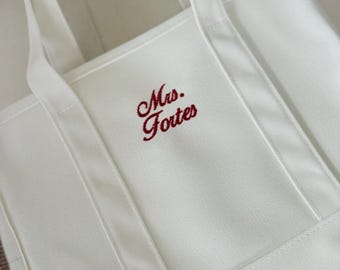 Mrs Tote Bag, White Embroidered Bridal Tote, Bachelorette Party