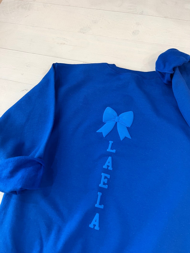 May include: Royal blue sweatshirt with a blue bow and the name "LAELLA" spelled vertically down the back.