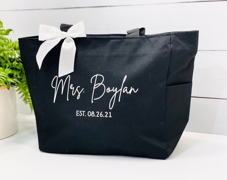 Personalized Mrs. Tote Bag, Custom Bridal Shower Gift, Wedding Travel Bag image 3