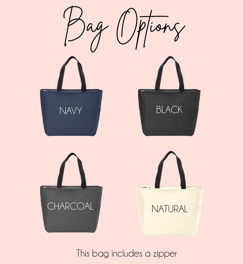 May include: Four tote bags in different colors: navy, black, charcoal, and natural. Each bag has a zipper and the color name is printed on the front. The text "This bag includes a zipper" is printed below the bags.