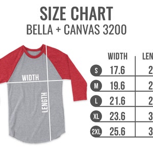 Pode incluir: Tabela de tamanhos para camisas Bella + Canvas 3200, mostrando as medidas de largura e comprimento em cent&iacute;metros para os tamanhos S, M, L, XL e 2XL.