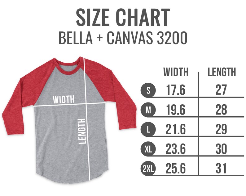Pode incluir: Tabela de tamanhos para camisas Bella + Canvas 3200, mostrando as medidas de largura e comprimento em cent&iacute;metros para os tamanhos S, M, L, XL e 2XL.