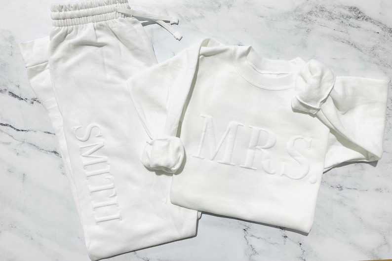 Embossed Bridal Gift Set, Mrs. Sweatshirt, New Mrs. Set, Mrs. Sweatshirt, Bride Sweatpants, New Mrs, Honeymoon Outfit, New Mrs. Joggers image 1