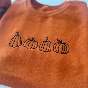 Puede incluir: Una sudadera de color naranja quemado con calabazas bordadas en negro. Las calabazas est&aacute;n en fila y todas son del mismo tama&ntilde;o.