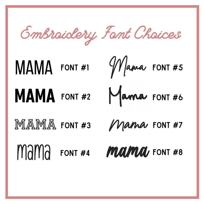 K&ouml;nnte beinhalten: Acht verschiedene Schriftarten f&uuml;r das Wort "mama" in schwarzem Text auf wei&szlig;em Hintergrund. Die Schriftarten sind von 1 bis 8 nummeriert.