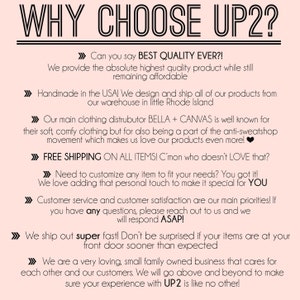 May include: Pink and white graphic with the text "WHY CHOOSE UP2?" and a list of reasons to choose the company. The text includes phrases like "best quality ever", "handmade in the USA", "free shipping", "super fast", and "small family owned business".