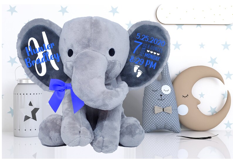 personalized elephant, stuffed animal gift, baby shower gift, newborn gift, new baby gift, birth announcement, baby gift, welcome home baby image 7